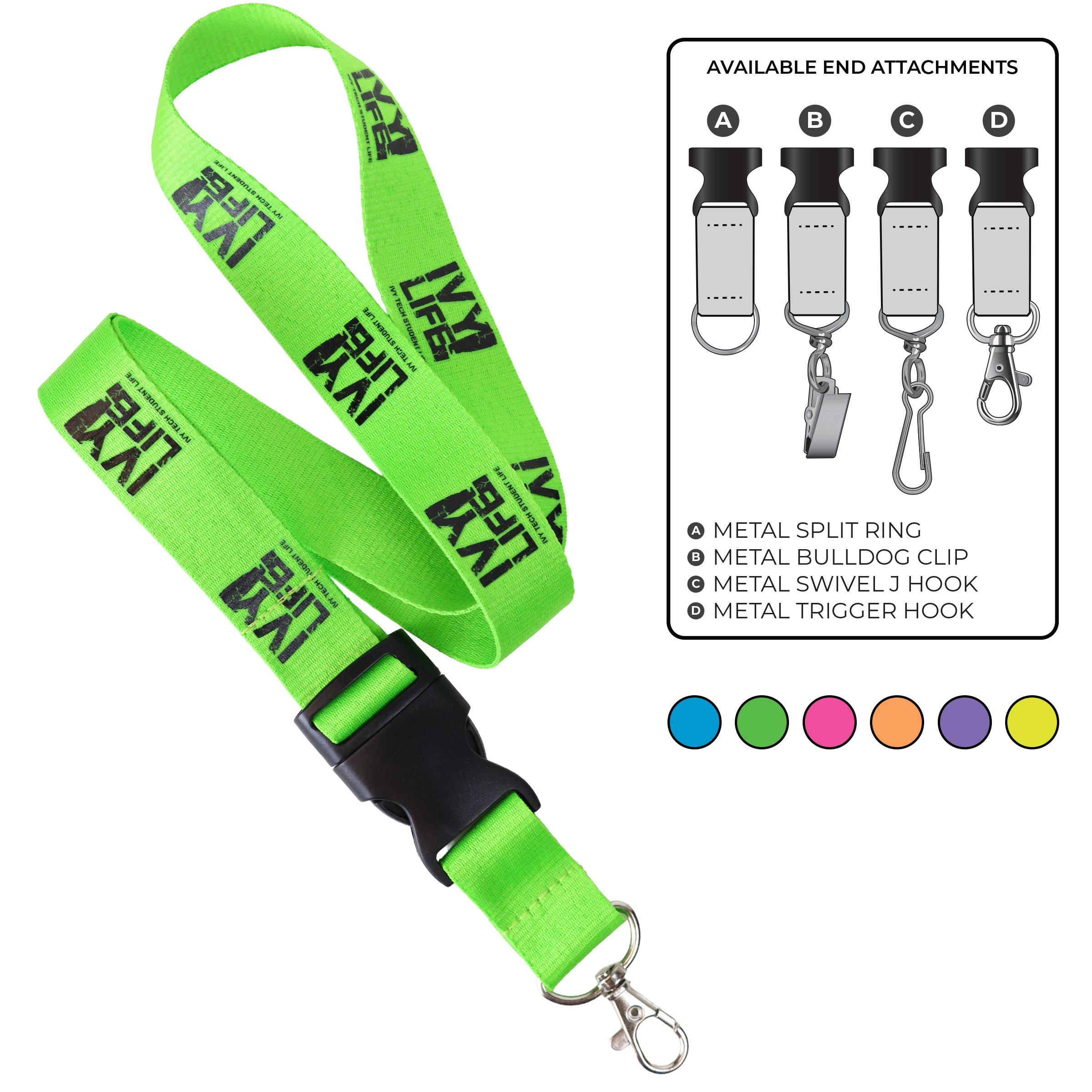 BHN014 | 1" Neon MicroWeave Silkscreen Lanyards :: DETACH BUCKLE WITH EXTENSION