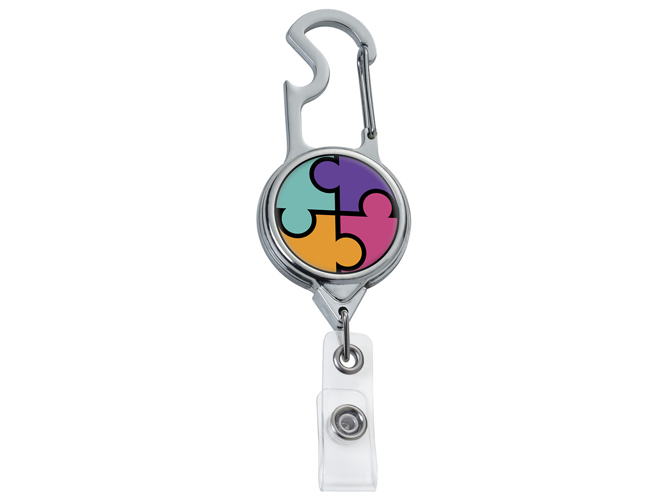 BH67CH:  Chrome Carabiner Bottle Opener Badge Reel